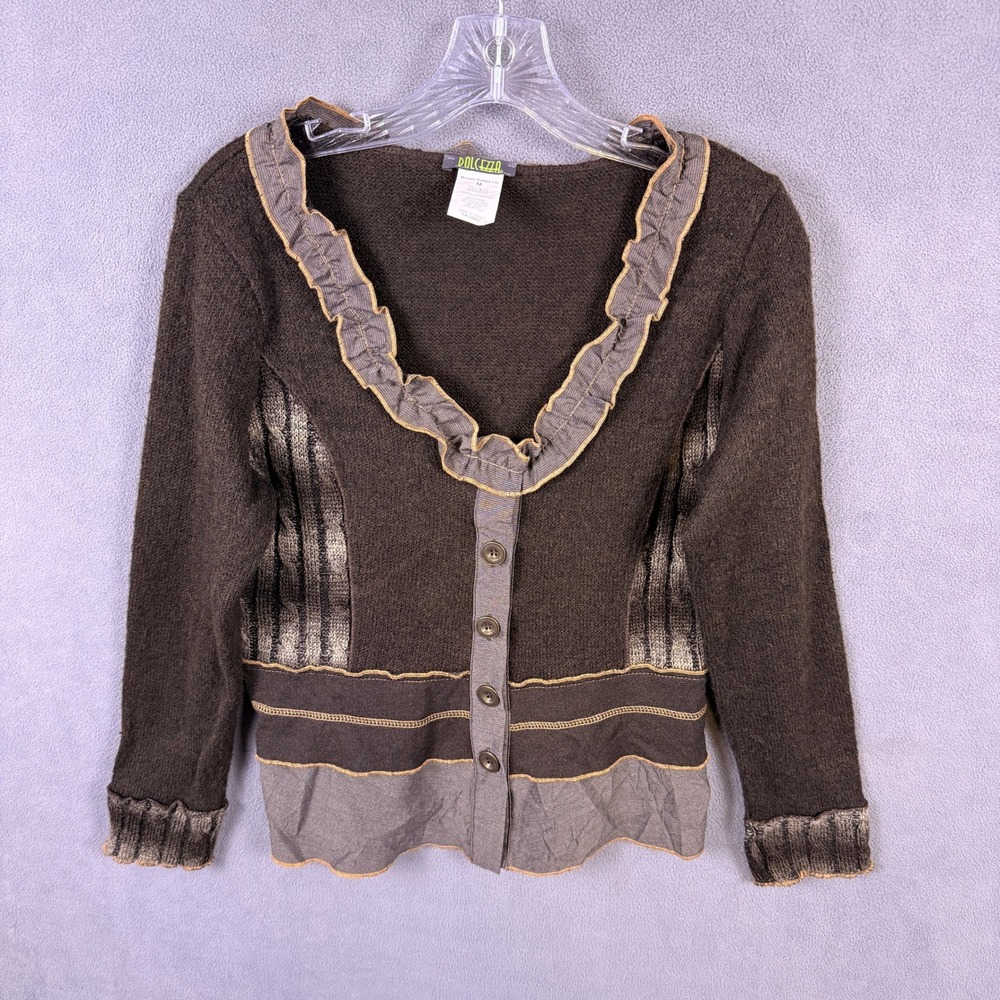 Dolcezza Cardigan Women Medium Brown Ruffle Mixed Media Patchwork Art Wear Boho